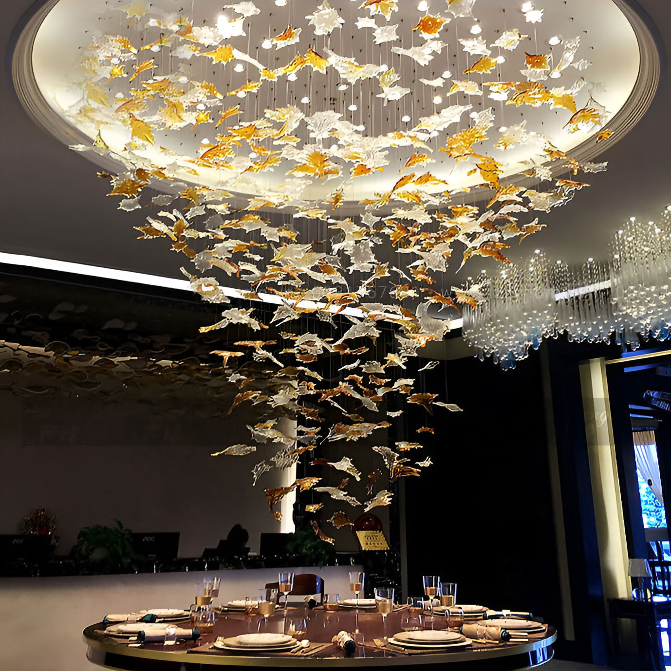 Maple Leaf Round and Rectangular Crystal Chandelier