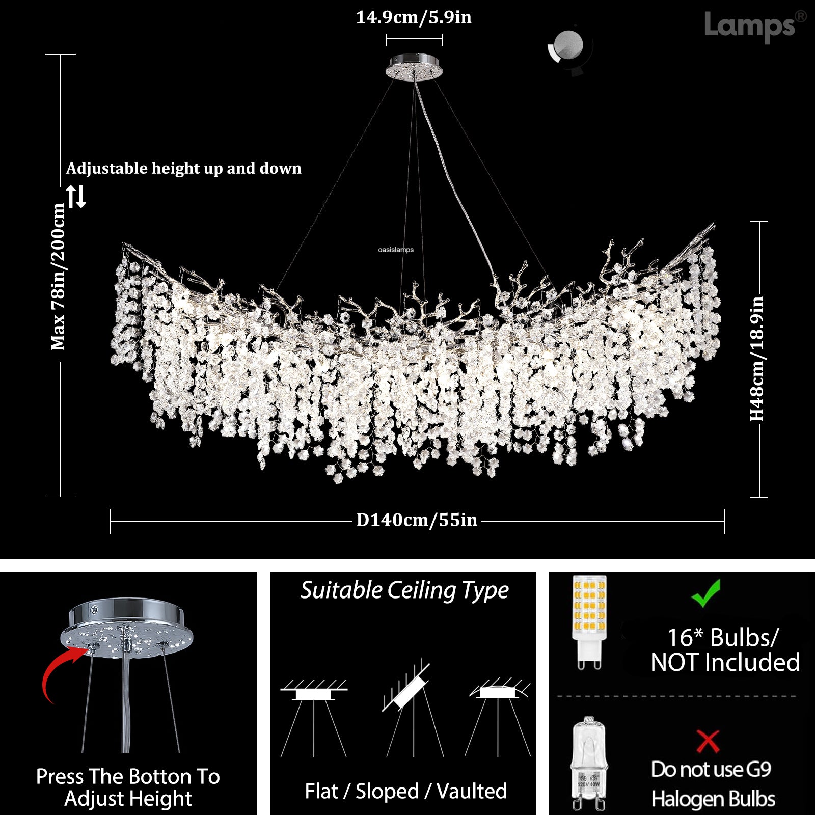 Lustre Branches Crystal Rectangular Chandelier 55"L#Color_silver