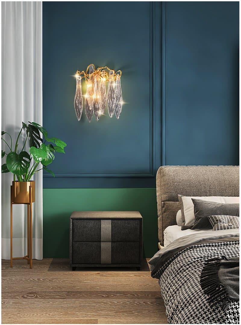 Flake Long Crystal Branch Brass Wall Sconce