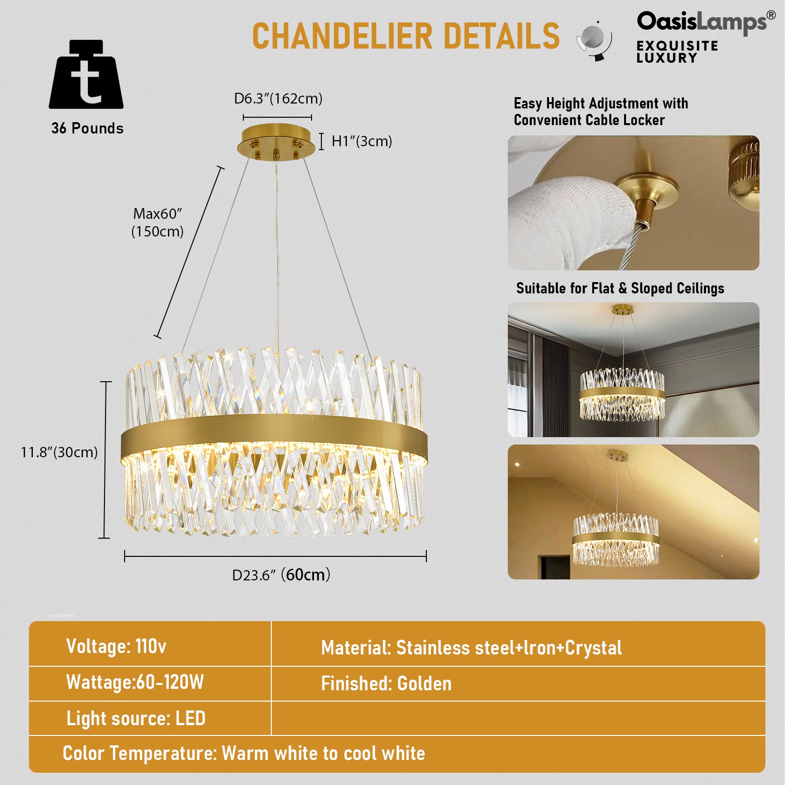 Vetro Prism Crystal Round Chandelier 23.6" 31.5" 40"D#Color_Brass,size_23.6"D