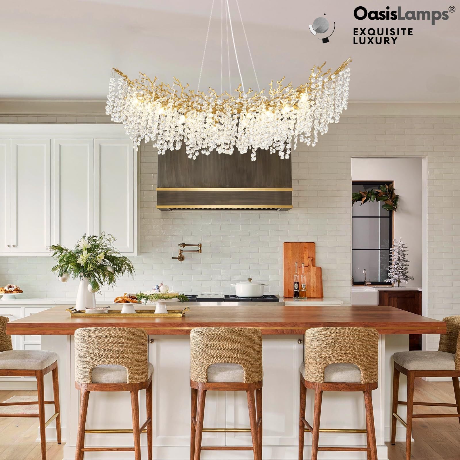 Lustre Branches Crystal Rectangular Chandelier 55"L#Color_Brass