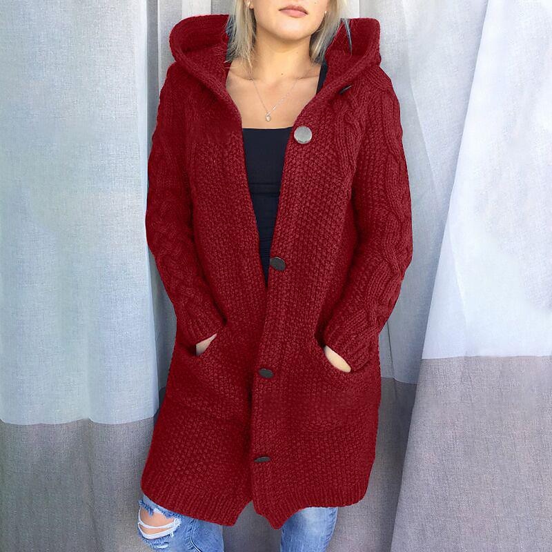 Women's Cardigan Pocket Solid Color Casual Chunky Long Sleeve Loose Sweater Cardigans Hooded Fall Winter Blue Red Wine khaki / Holiday 2023 - Kč 899 –P3