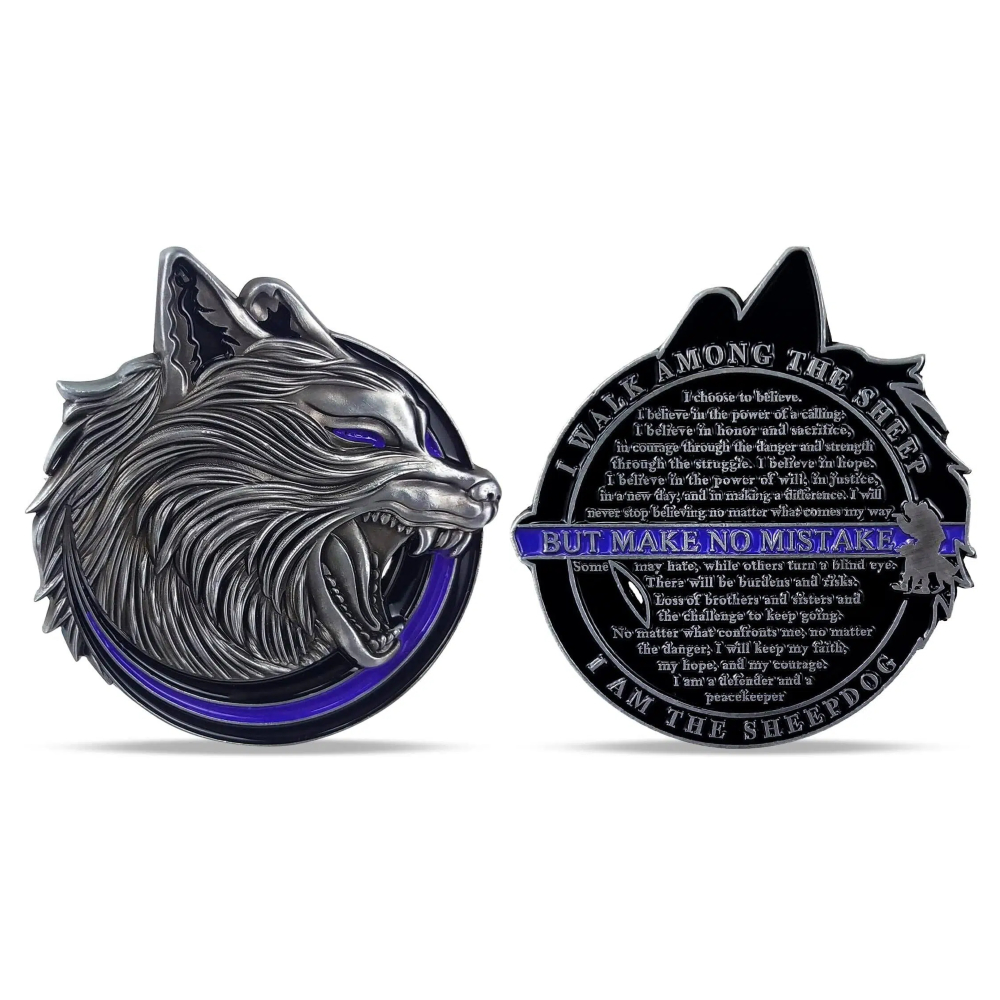 Sheepdog Wolf Challenge Coin: Thin Blue Line Law Enforcement Gift