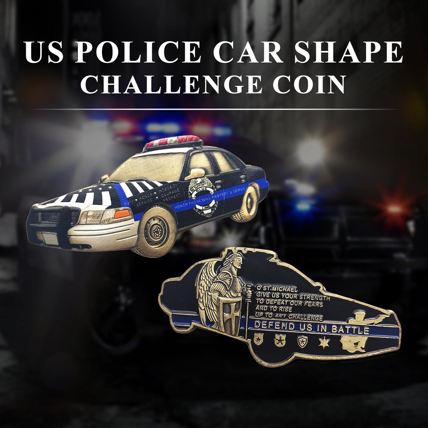 Police Cruiser Challenge Coin: Thin Blue Line, St Michael Prayer