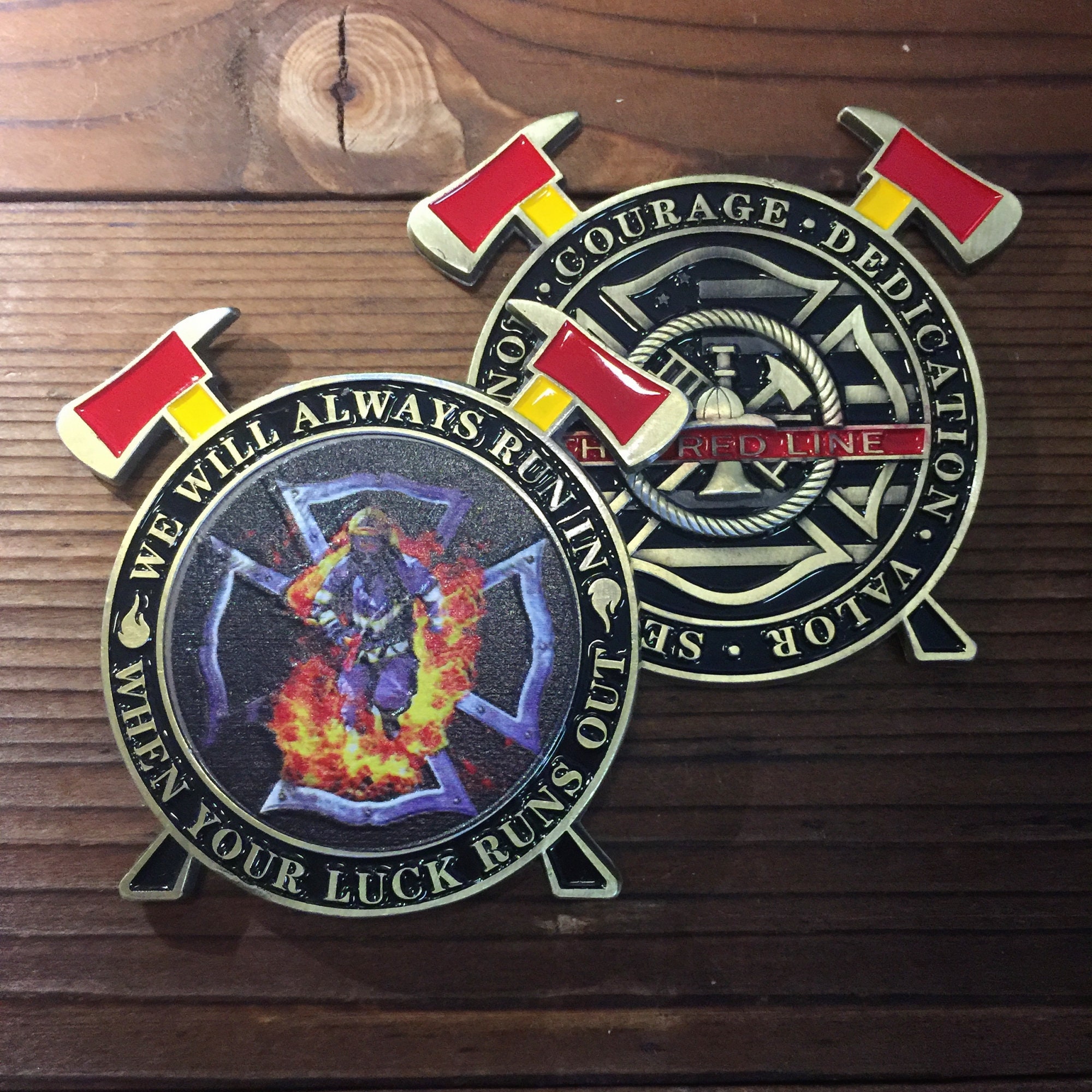 Firefighter Thin Red Line Challenge Coin - Fire Dept Cross Axe 
