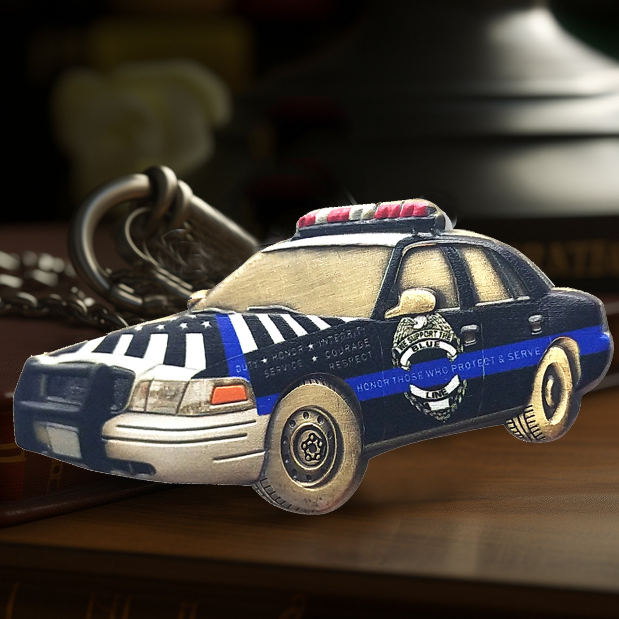 Police Cruiser Challenge Coin: Thin Blue Line, St Michael Prayer