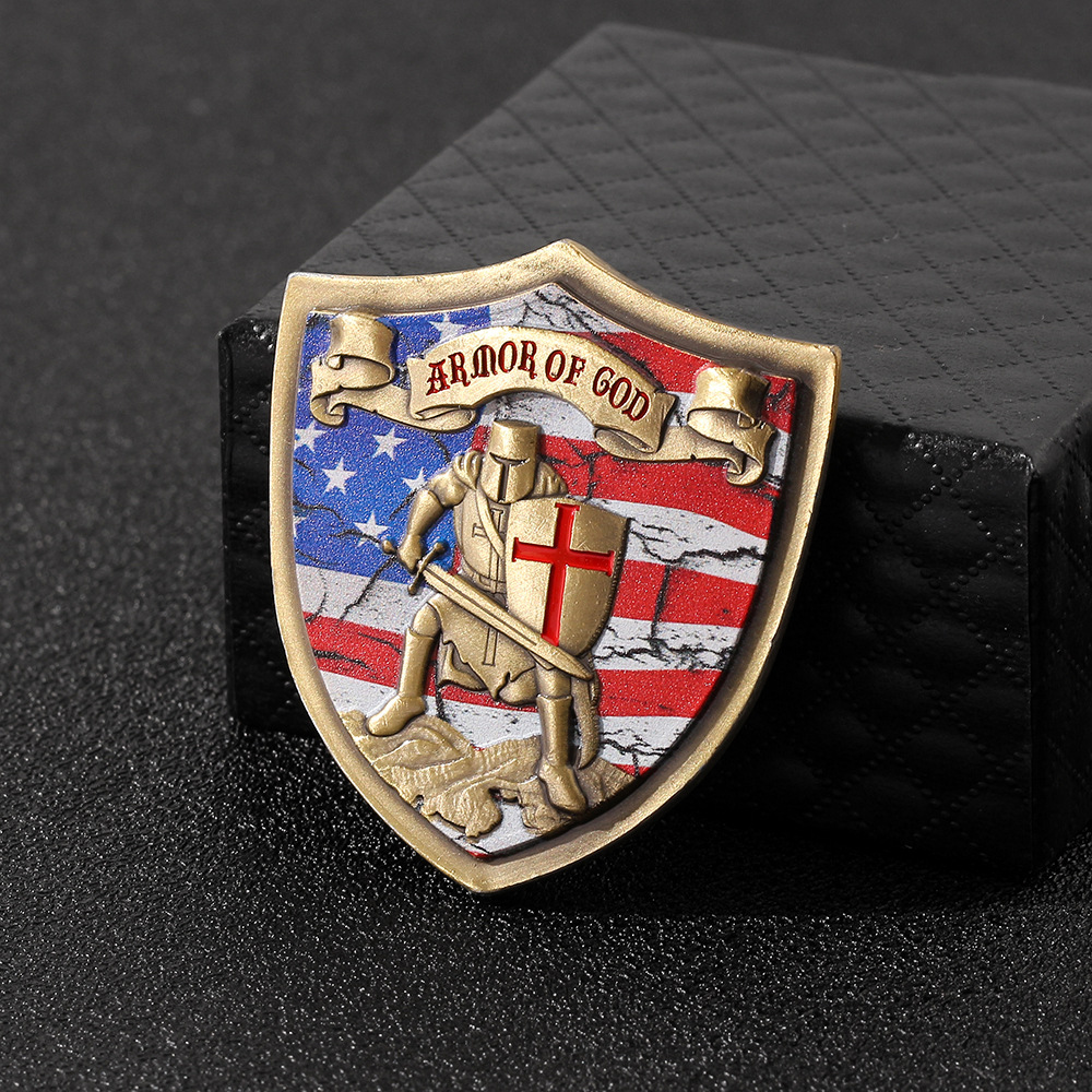 Armor of God Knights Templar US Flag Shield Challenge Coin-ATSKNSK