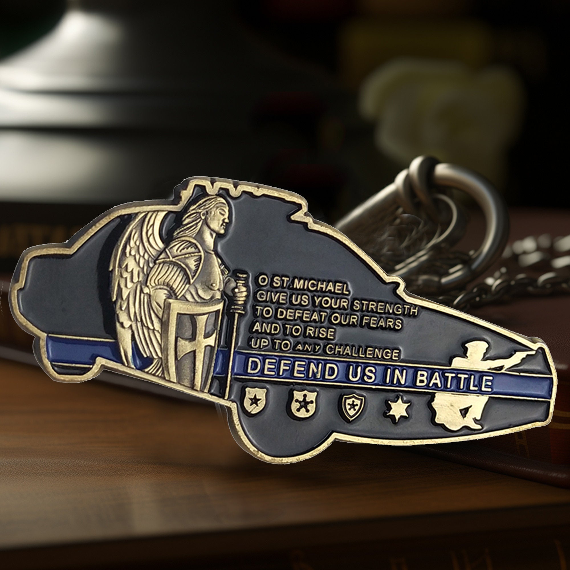 Police Cruiser Challenge Coin: Thin Blue Line, St Michael Prayer