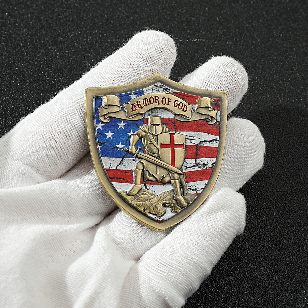 Armor of God Knights Templar US Flag Shield Challenge Coin-ATSKNSK