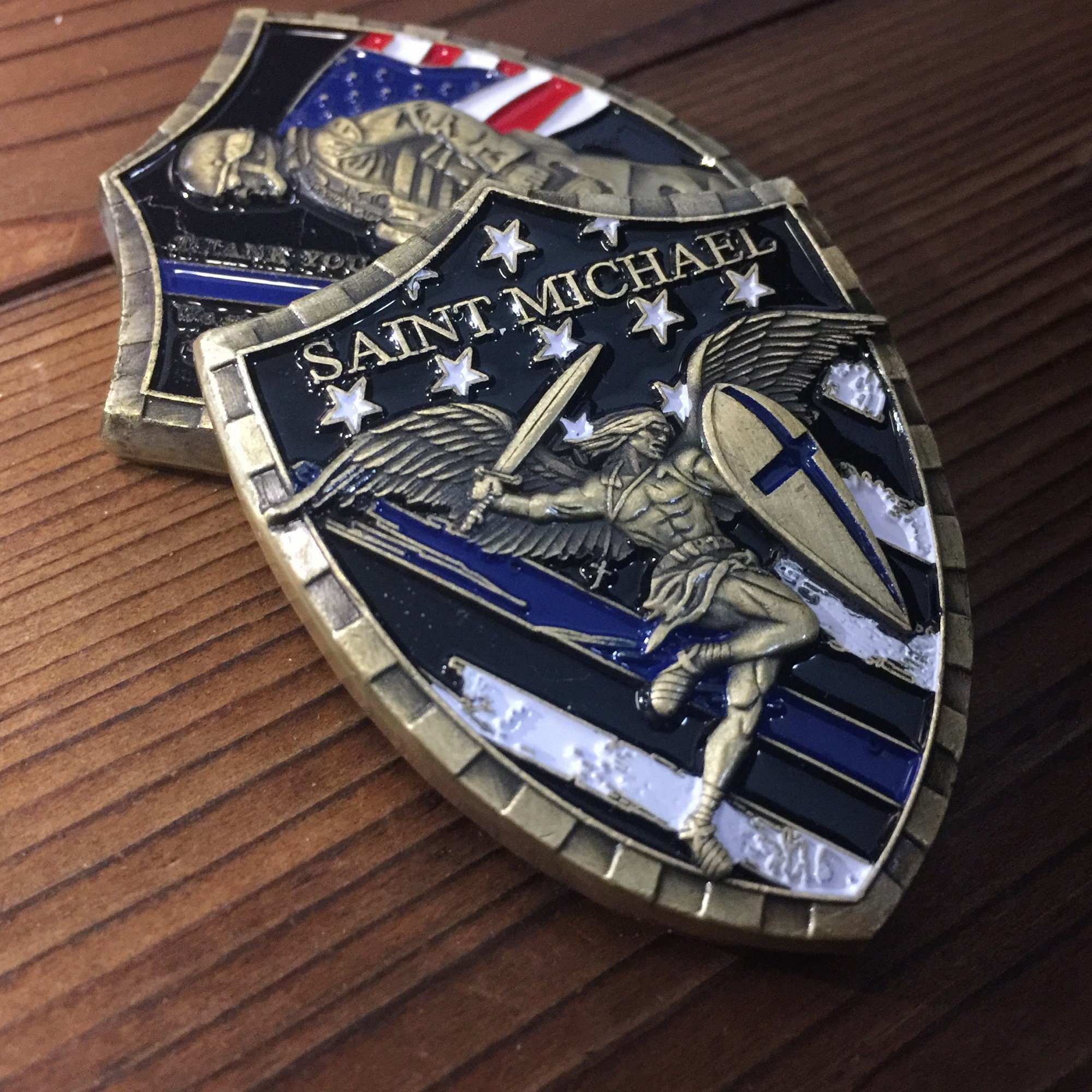 Police Challenge Coin St Michael Saint of LEO Shield Badge Thin Blue Line Collectible/ Gift for Officer