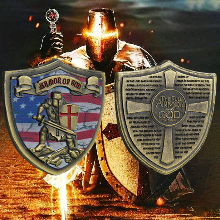 Armor of God Knights Templar US Flag Shield Challenge Coin-ATSKNSK