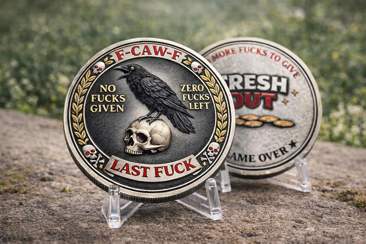 Raven Skull Challenge Coin, Dark Humor Sarcastic Novelty Desk Piece