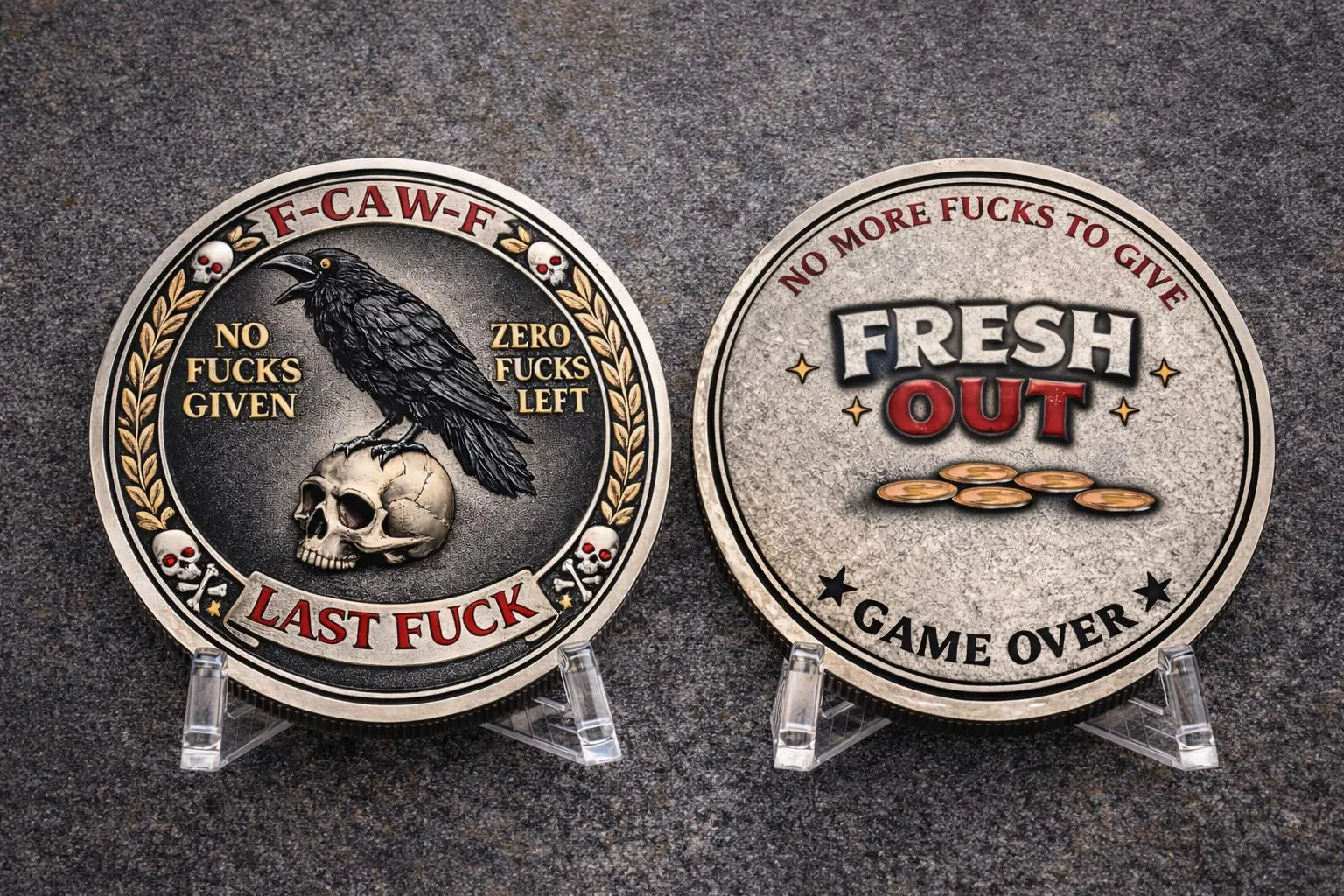 Raven Skull Challenge Coin, Dark Humor Sarcastic Novelty Desk Piece