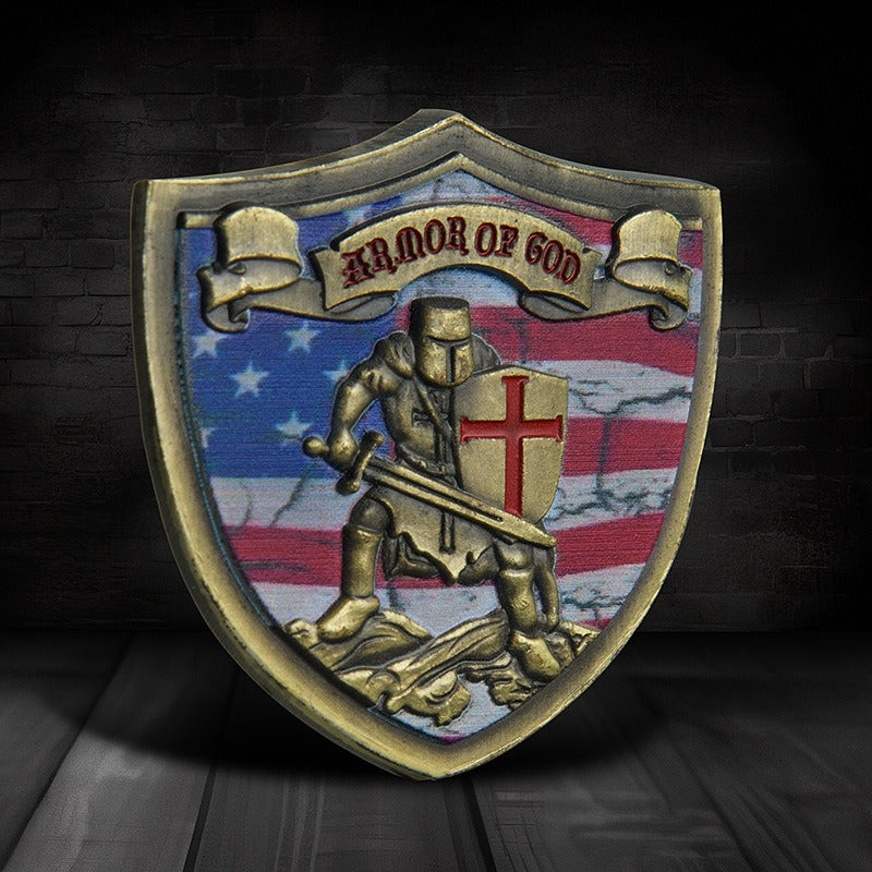 Armor of God Knights Templar US Flag Shield Challenge Coin-ATSKNSK