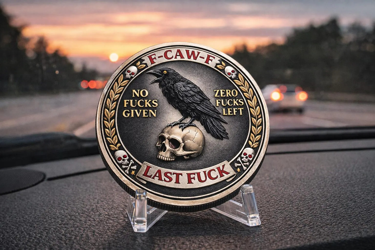 Raven Skull Challenge Coin, Dark Humor Sarcastic Novelty Desk Piece