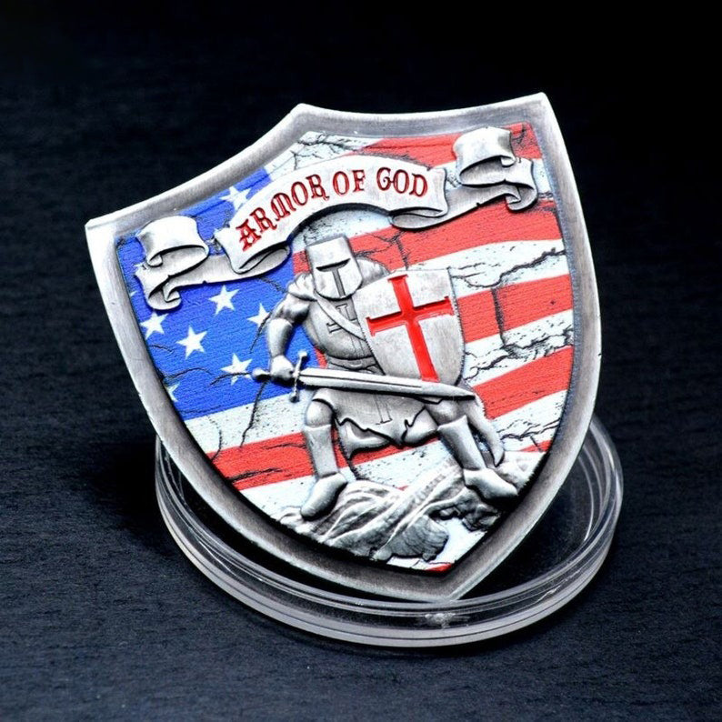 Armor of God Knights Templar US Flag Shield Challenge Coin-ATSKNSK