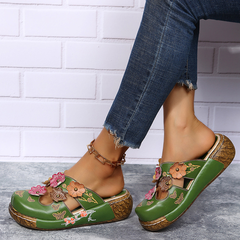 Women's Floral Leather Clog Sandals 