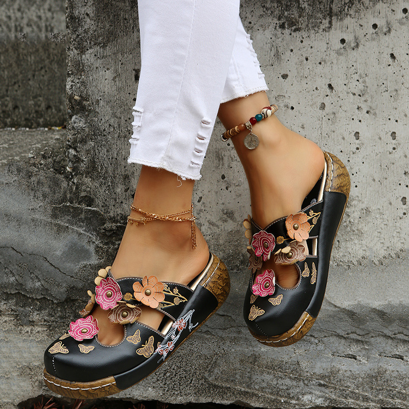 Women's Floral Leather Clog Sandals 