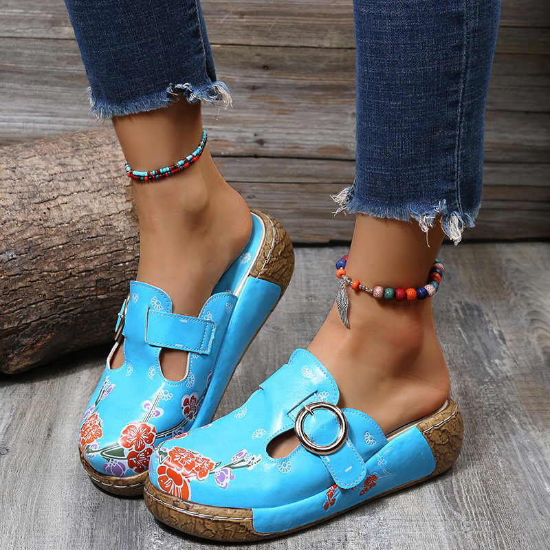 Women's Floral Embroidered Slip-On Clogs with Buckle Detail and Wedge Heel 
