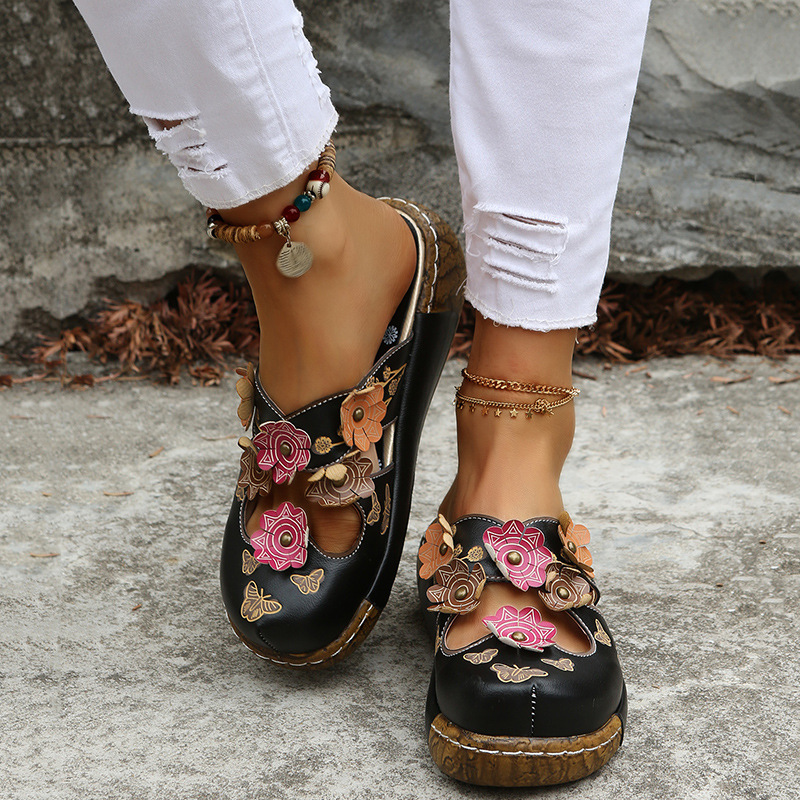 Women's Floral Leather Clog Sandals 
