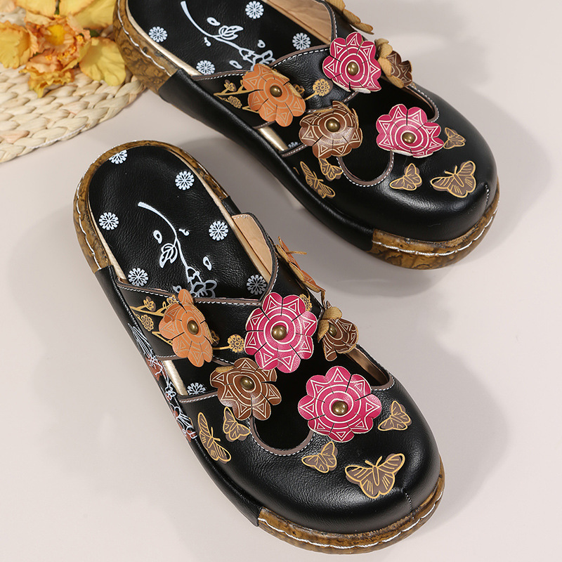 Women's Floral Leather Clog Sandals 