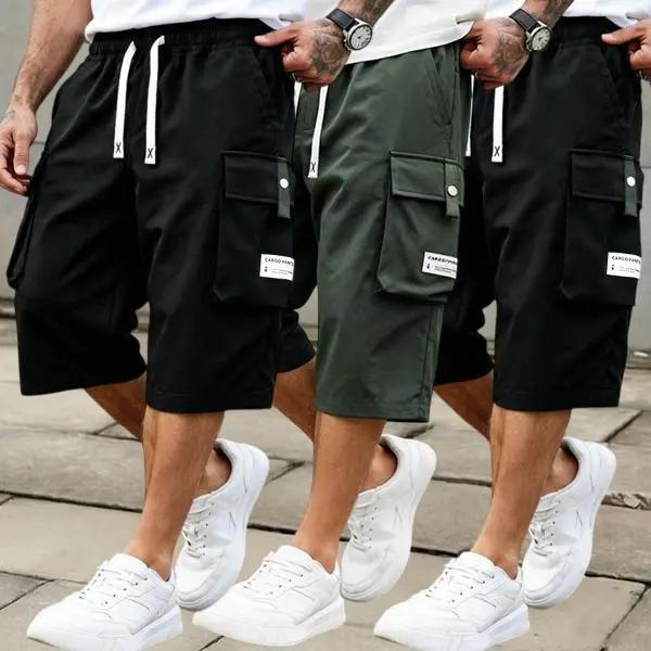 Men's Summer Casual Cargo Shorts - Elastic Drawstring Waist, Multiple Pockets & Letter Patch Design, Regular Fit Mid-Rise Non-Stretch Fabric for Daily Wear & Leisure Activities, Nontransparent Fabric, Menswear, Minimalist tiktokshopspringglowup,summervibe