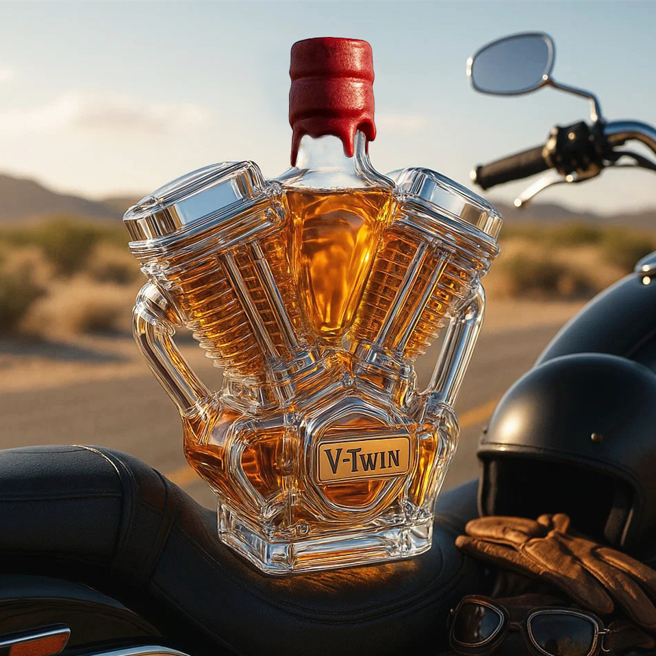 V-Twin Engine Whiskey Bottle – Glass Decanter for Motorcycle Lovers