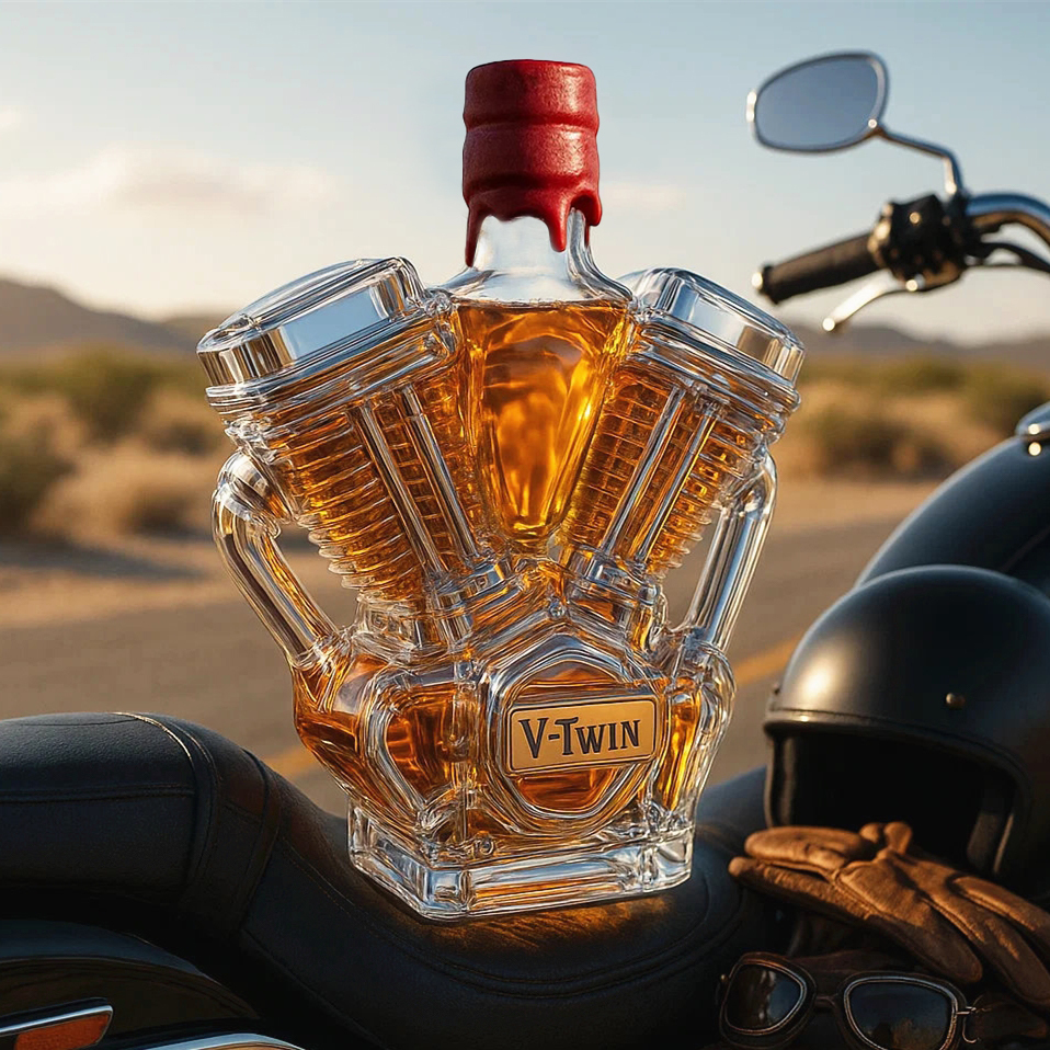 V-Twin Engine Whiskey Bottle – Glass Decanter for Motorcycle Lovers