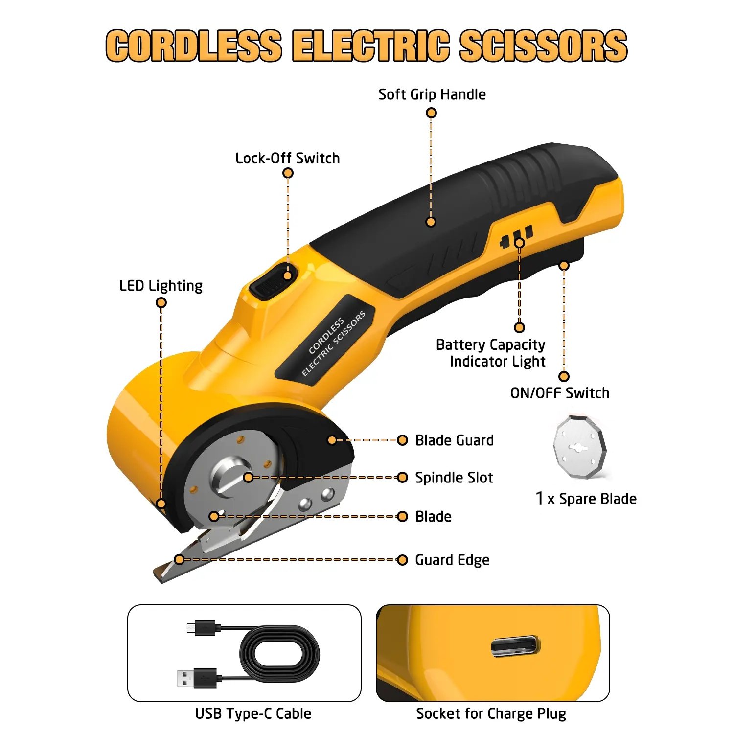 ✂️Cordless Electric Scissors 4V – Rechargeable Heavy Duty Cutter with Safety Lock, LED Light, Long Battery Life - Yellow