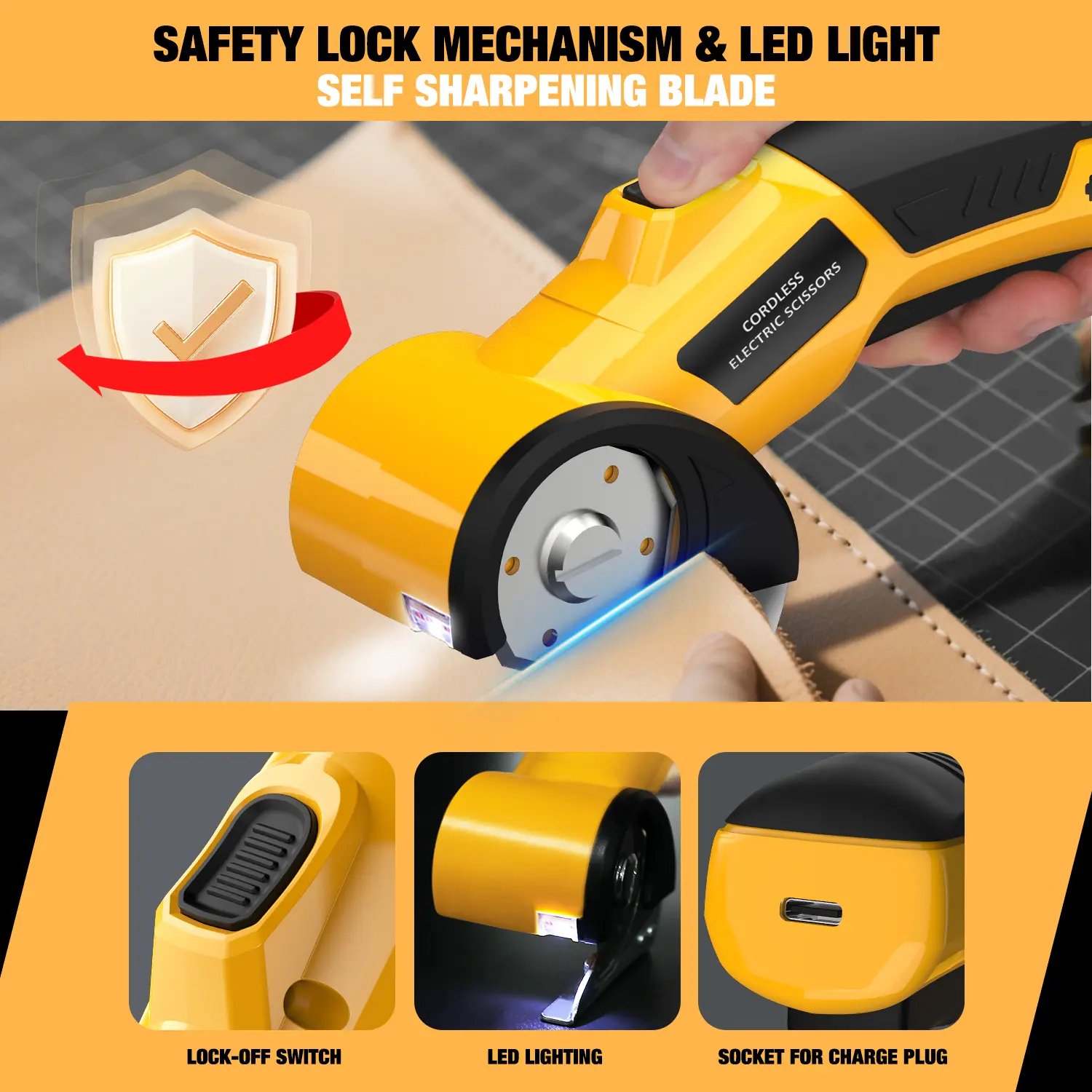 ✂️Cordless Electric Scissors 4V – Rechargeable Heavy Duty Cutter with Safety Lock, LED Light, Long Battery Life - Yellow