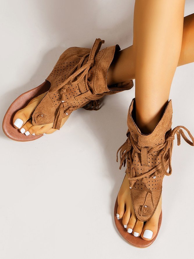 Retro Flat Tassel Cutout Thong Sandals