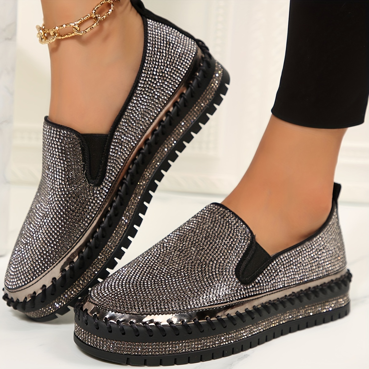 Women's Rhinestone Embellished Thick Sole Slip-On Orthopedic Shoes