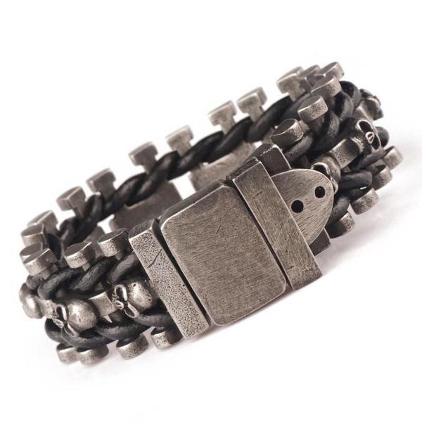 Blackriss™Leather Woven Stainless Steel Skull Bracelet-Blackriss