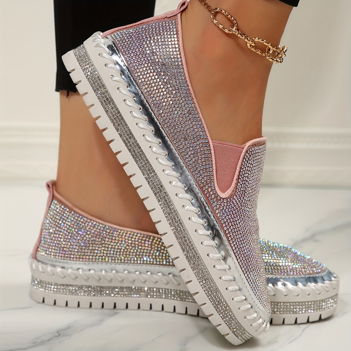 Women's Rhinestone Embellished Thick Sole Slip-On Orthopedic Shoes