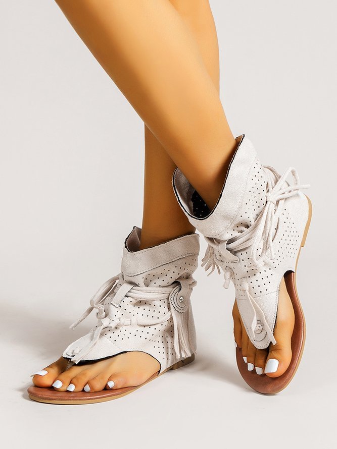 Retro Flat Tassel Cutout Thong Sandals