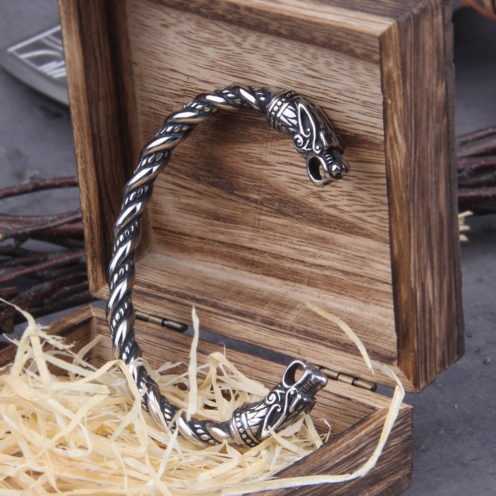 BLACKRISS™Large Silver Viking Bracelet - Fenrir Wolf Head Torque-Blackriss