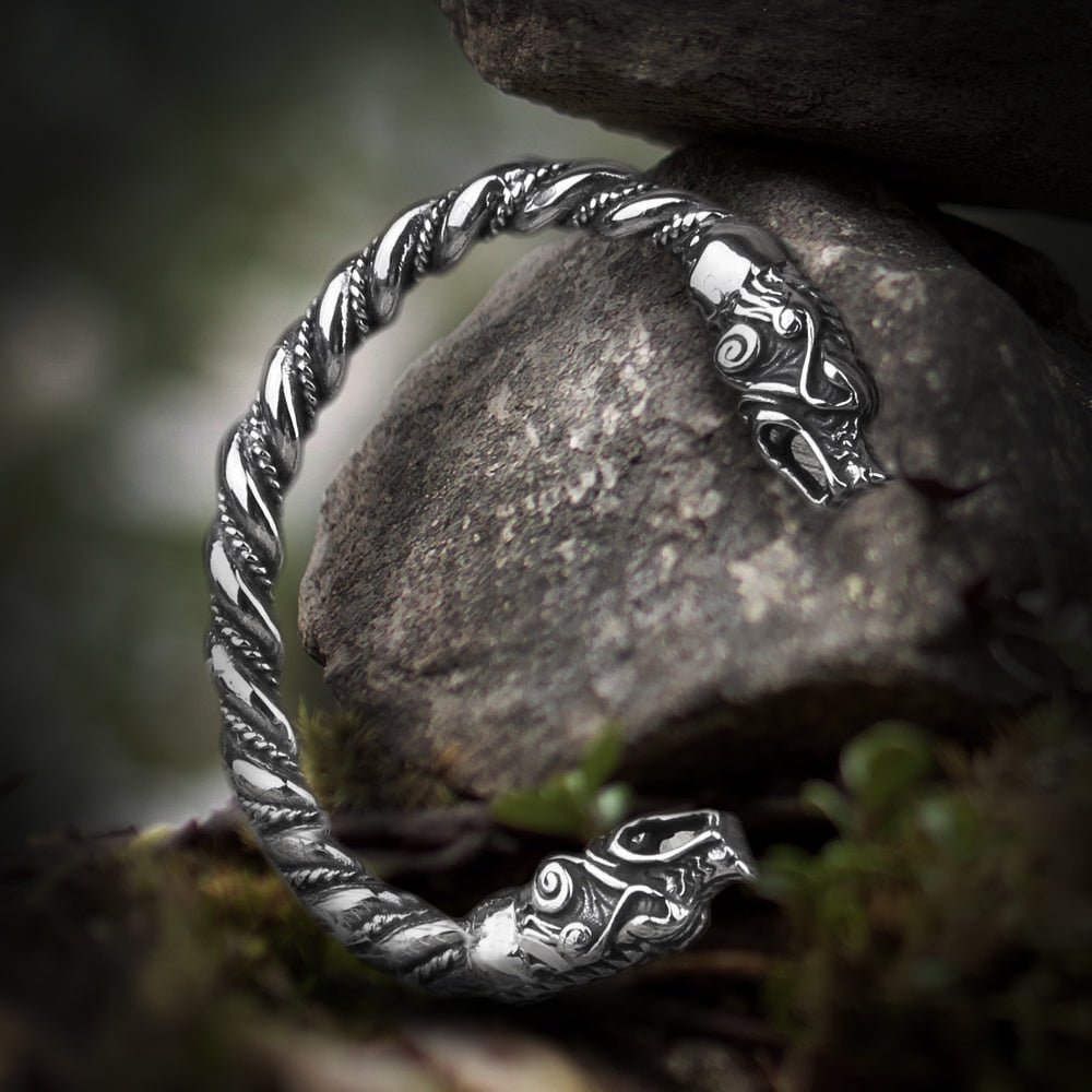 BLACKRISS™Large Silver Viking Bracelet - Fenrir Wolf Head Torque-Blackriss