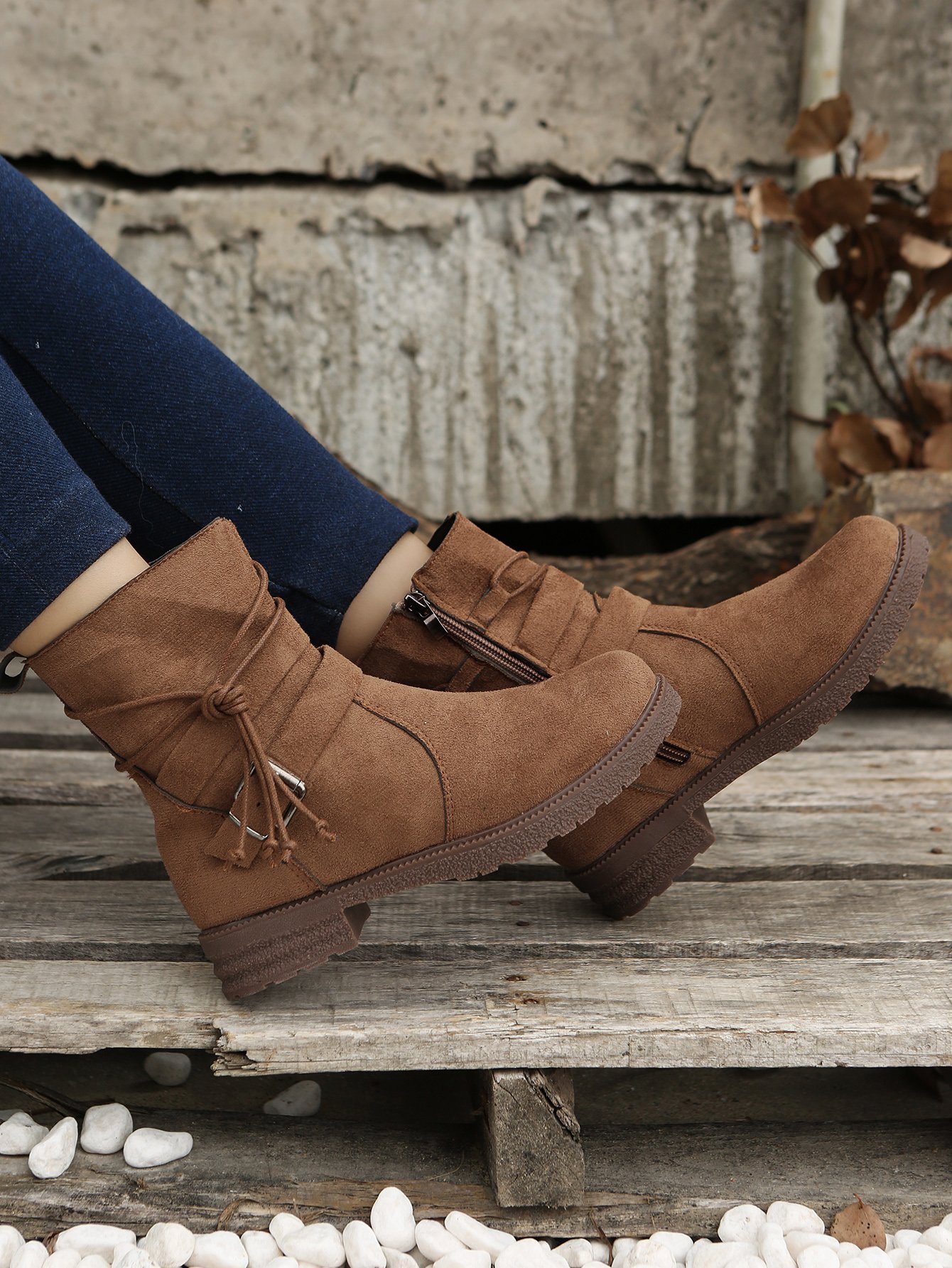 Leather Round Toe Side Zip Lace-Up Low Heel Booties