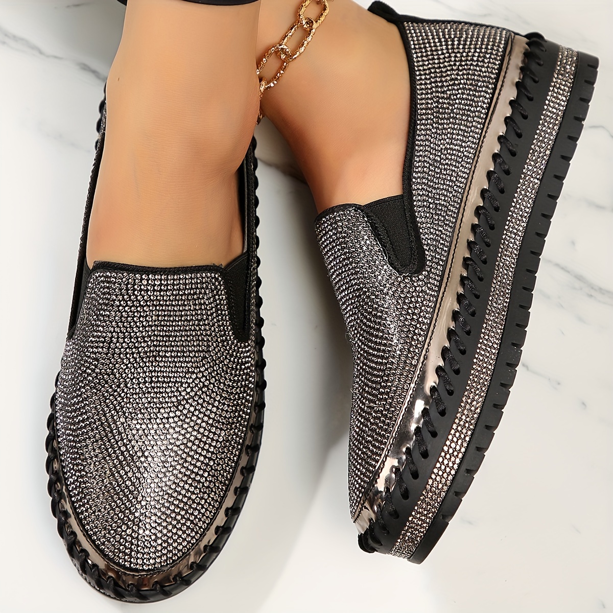 Women's Rhinestone Embellished Thick Sole Slip-On Orthopedic Shoes