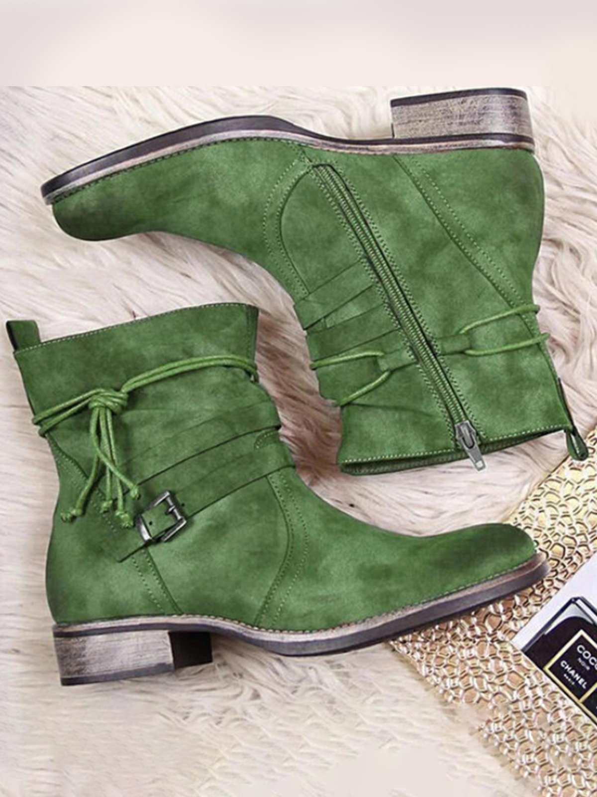 Leather Round Toe Side Zip Lace-Up Low Heel Booties