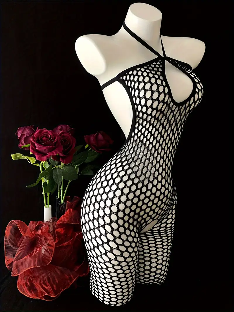 1pc elegant womens plus size sexy lingerie bodystockings polyamide knit fabric solid color keyhole hollow out backless halter bodysuit for adults details 2