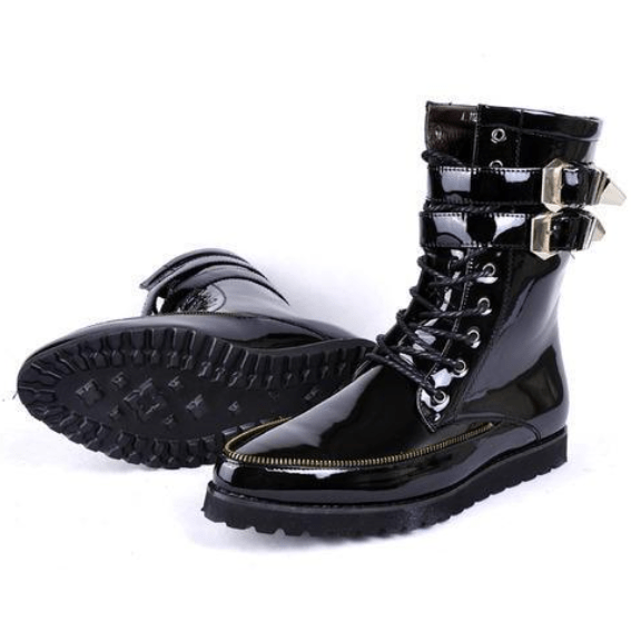 BLACKRISS™Men's Buckle Up Zipper Patent Leather Martin Boots White/Black-Blackriss