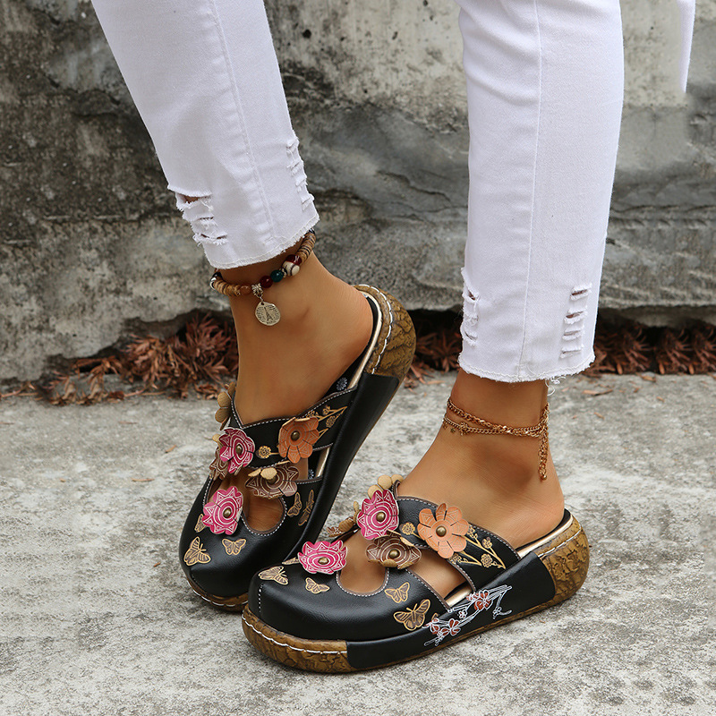 Women's Floral Leather Clog Sandals 