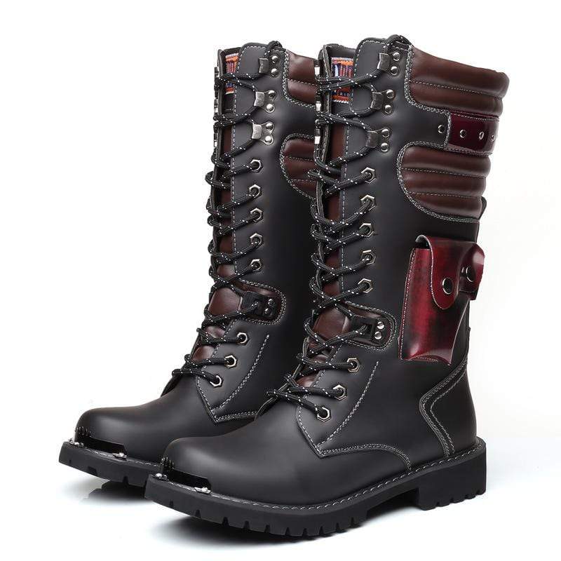 BLACKRISS™Men's Punk Pocket Lace Up Faux Leather Army Boots Riding Boots Moto Boots-Blackriss