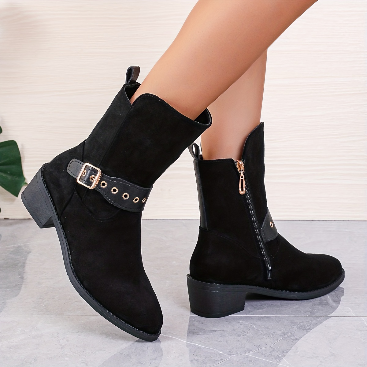 Women's Suede Buckle Strap Side Zip Chunky Heel Boots