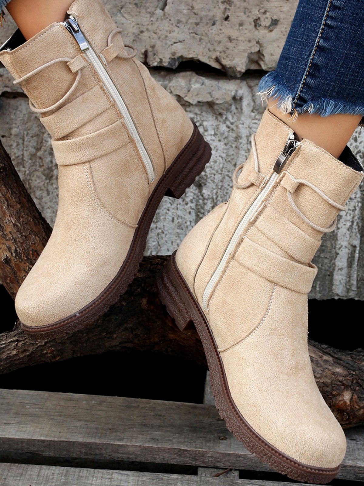 Leather Round Toe Side Zip Lace-Up Low Heel Booties