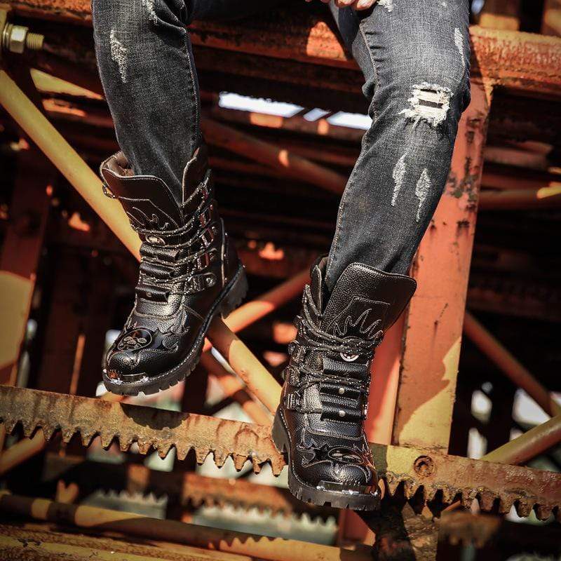 BLACKRISS™Men's Punk Faux Leather Middle Boots Martin Boots Winter Boots-Blackriss
