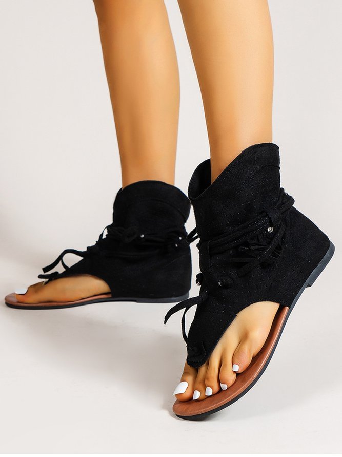 Retro Flat Tassel Cutout Thong Sandals
