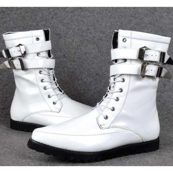 BLACKRISS™Men's Buckle Up Zipper Patent Leather Martin Boots White/Black-Blackriss