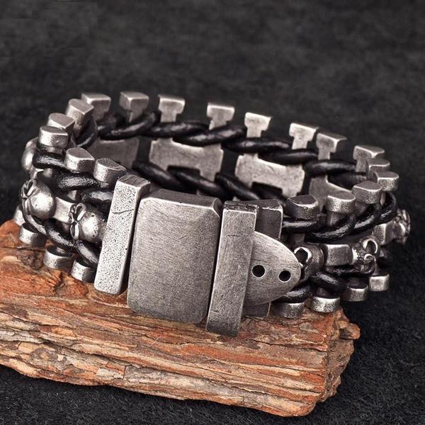 Blackriss™Leather Woven Stainless Steel Skull Bracelet-Blackriss